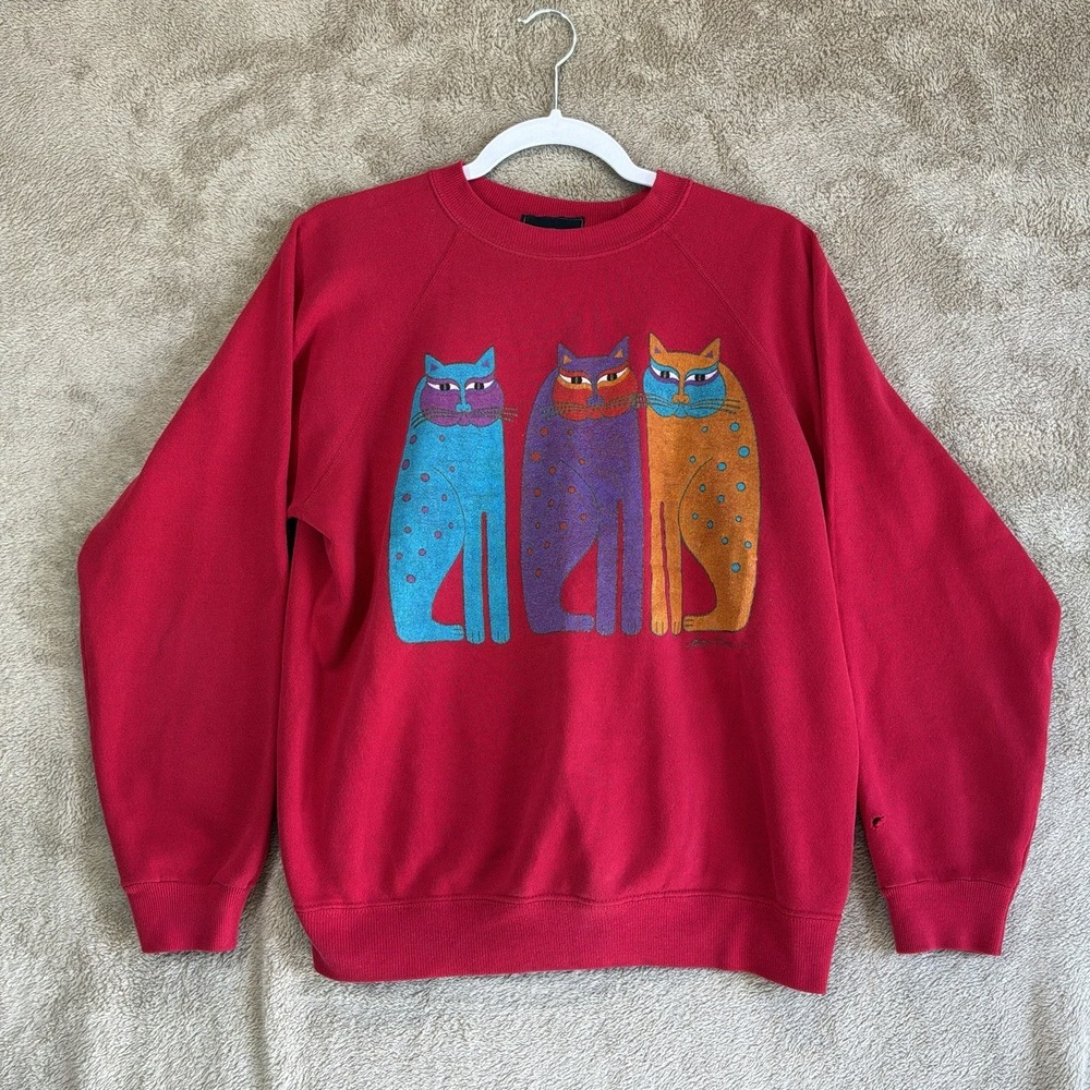 Vtg 90s Laurel Burch Sweatshirt‎ Red Cats Graphic Art Adult L 42-44 Hanes READ